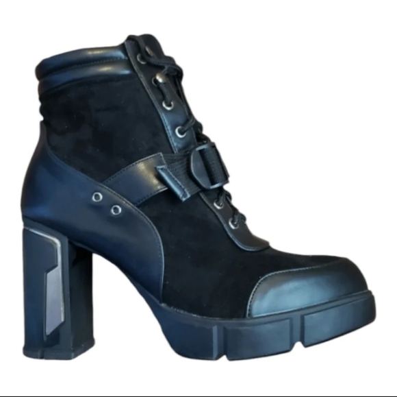 Atalina Shoes - Atalina AD9030 Black High Thick Heel Lace Up Ankle Bootie sz 10